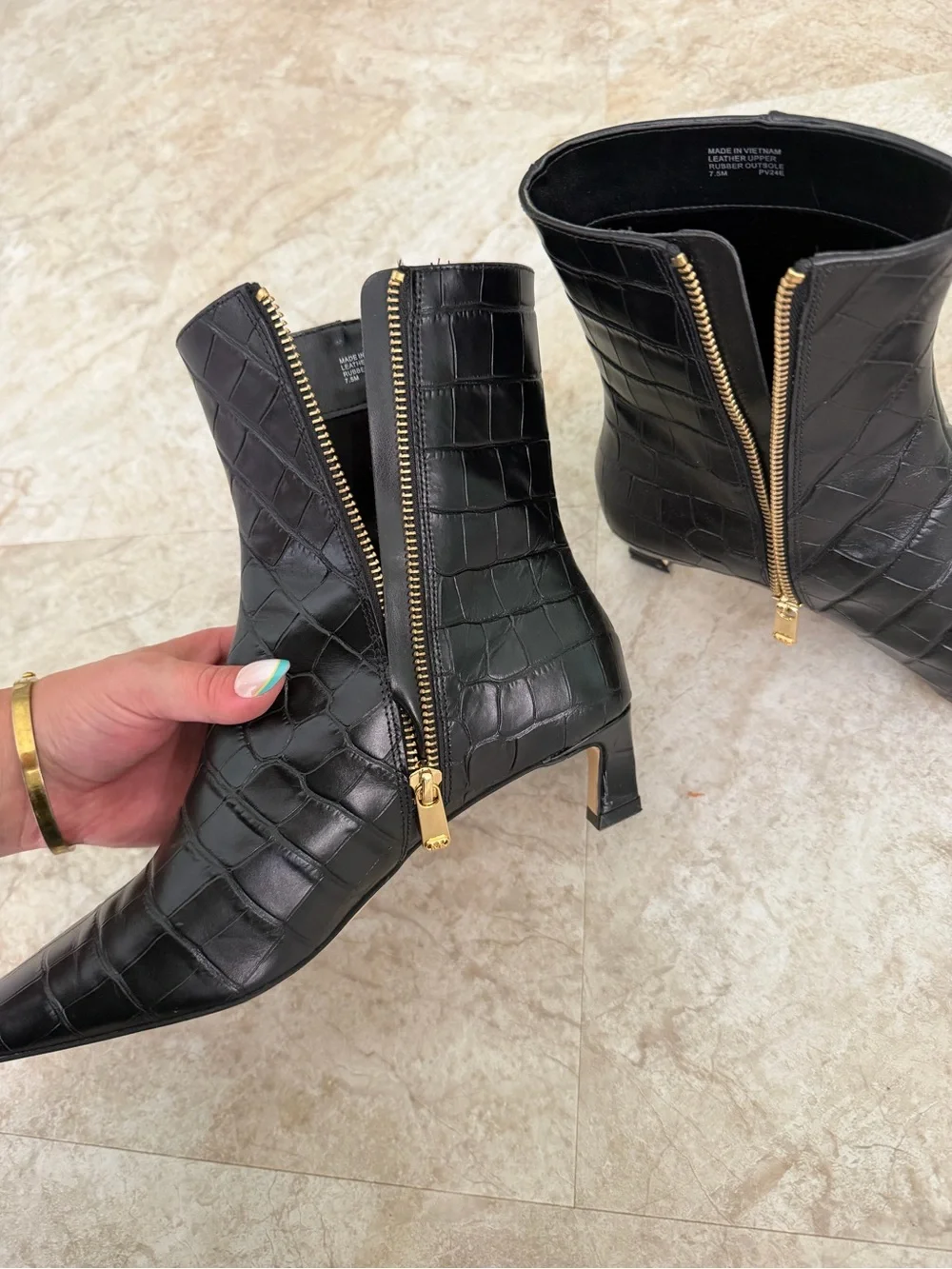 Michael Kors Croc-Embossed Black Leather Ankle Boots with Kitten Heel